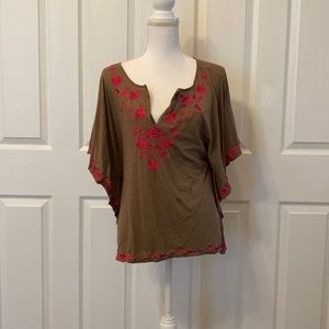 Anthropologie draped embroidered top brown pink XS